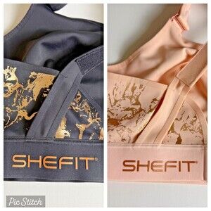 SheFit Flex Sports Bra SET OF 2 Sz 5Luxe Medium Impact Black & Blush Pink w/Gold